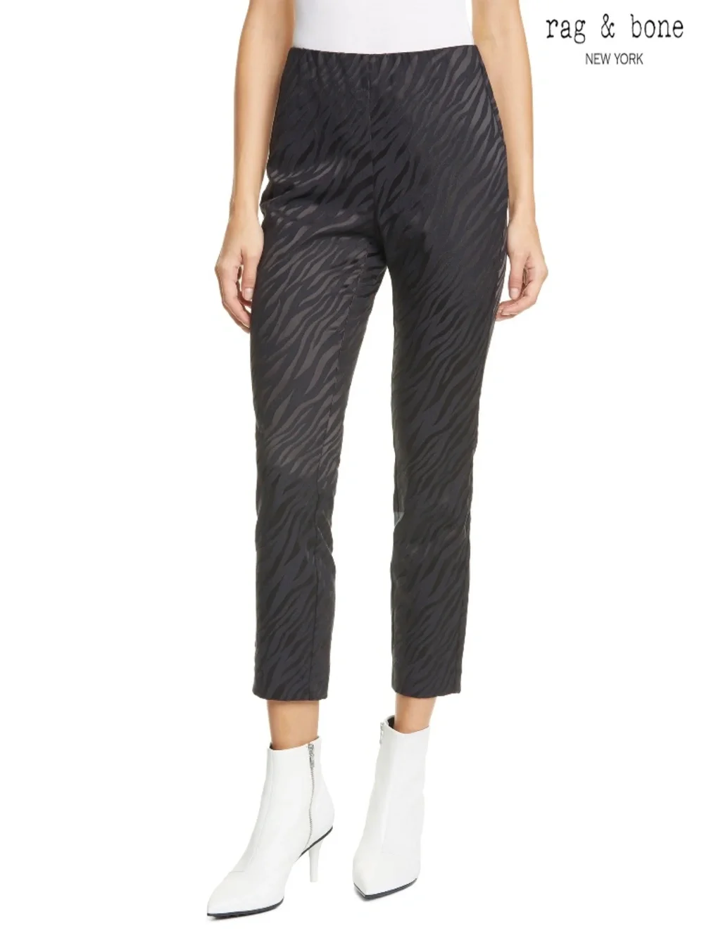 RAG & BONE WOMEN NWT SIMONE ITALIAN ZEBRA JACQUARD SLIM CROP BLACK PANT. SIZE 4